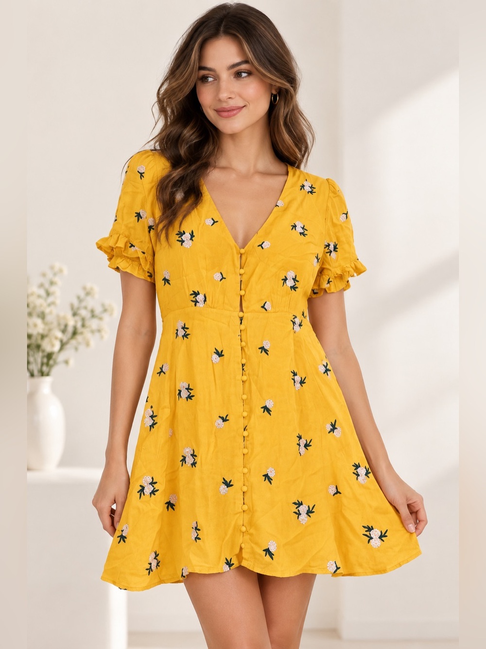 Privacy Please Yellow Floral Embroidered Button Front Mini Dress Size M